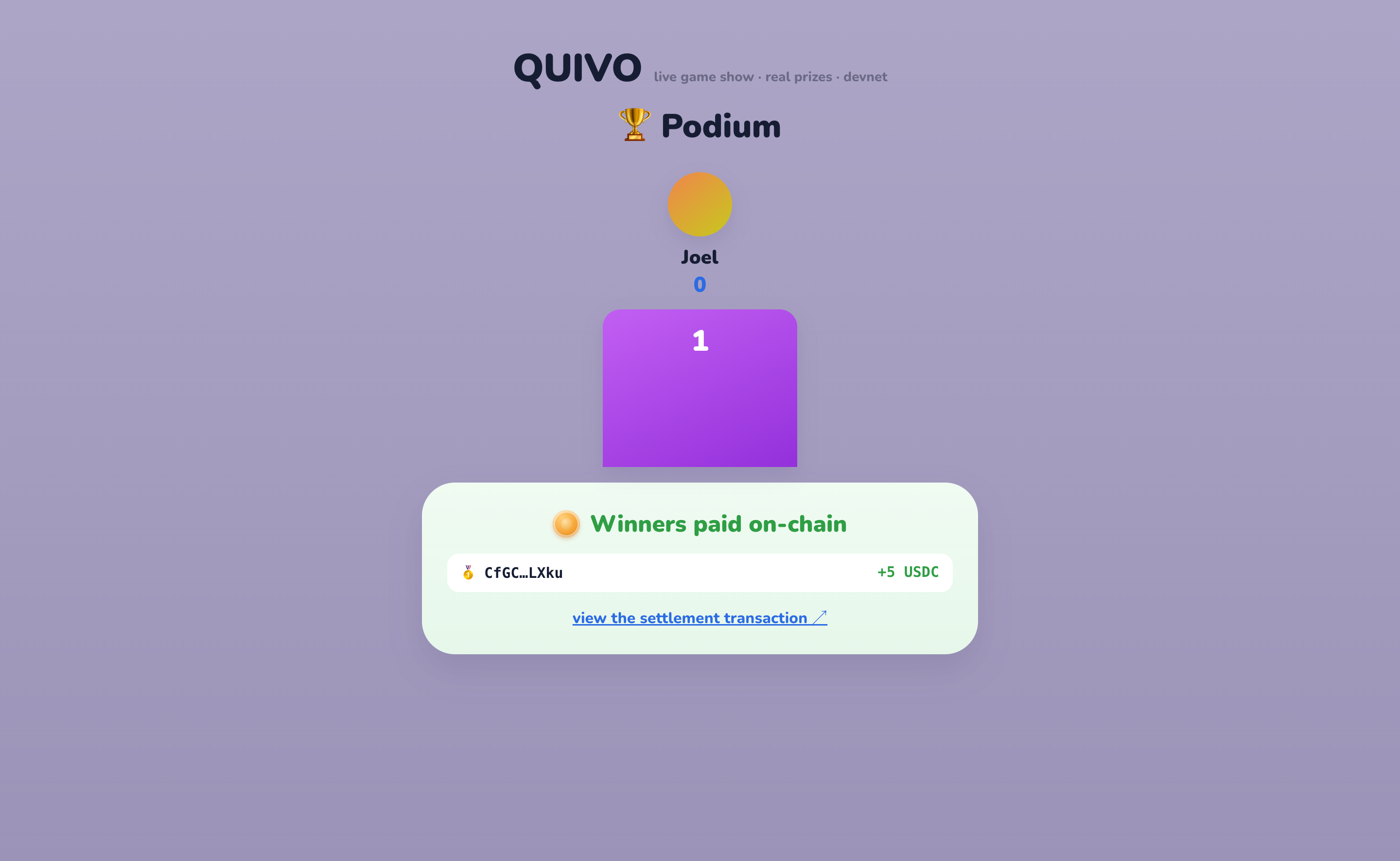 Quivo live podium — winners paid on-chain